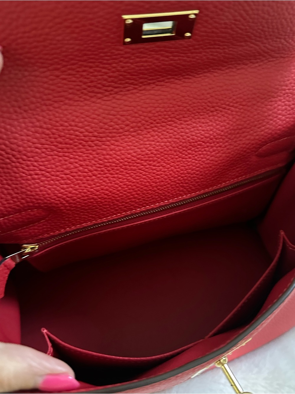 Red leather Structured Top-Handle Women's Kelly style Bag with Gold (28 size) - Picture 3 of 5